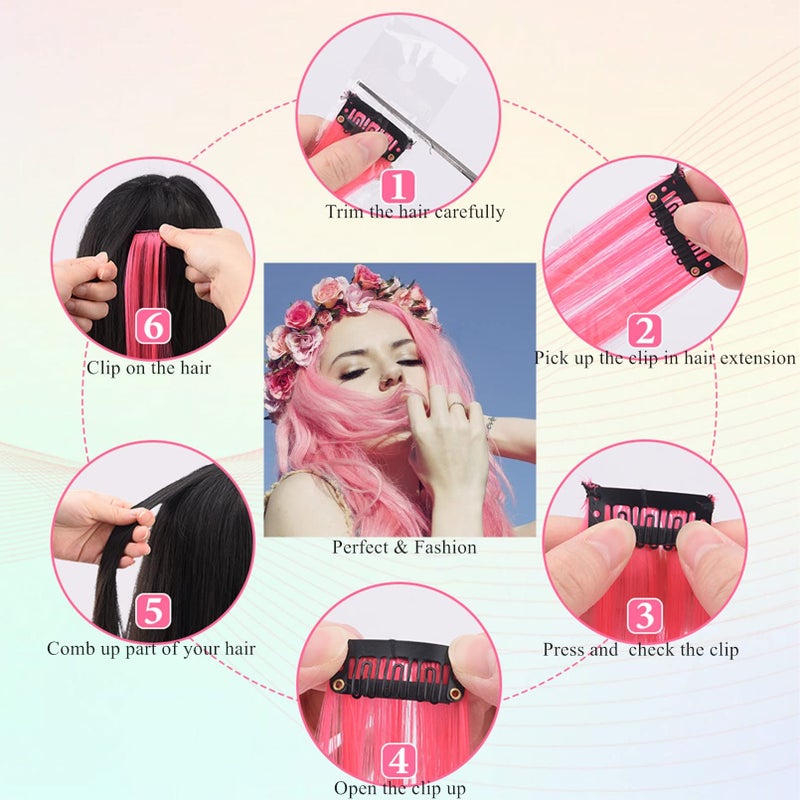 Funyn 18 Inch High light Clip in Human Hair Extensions 100% Straight Clip on Party Highlights Colored Hair Extensions 6 Pieces/set (Blue) - Image 5